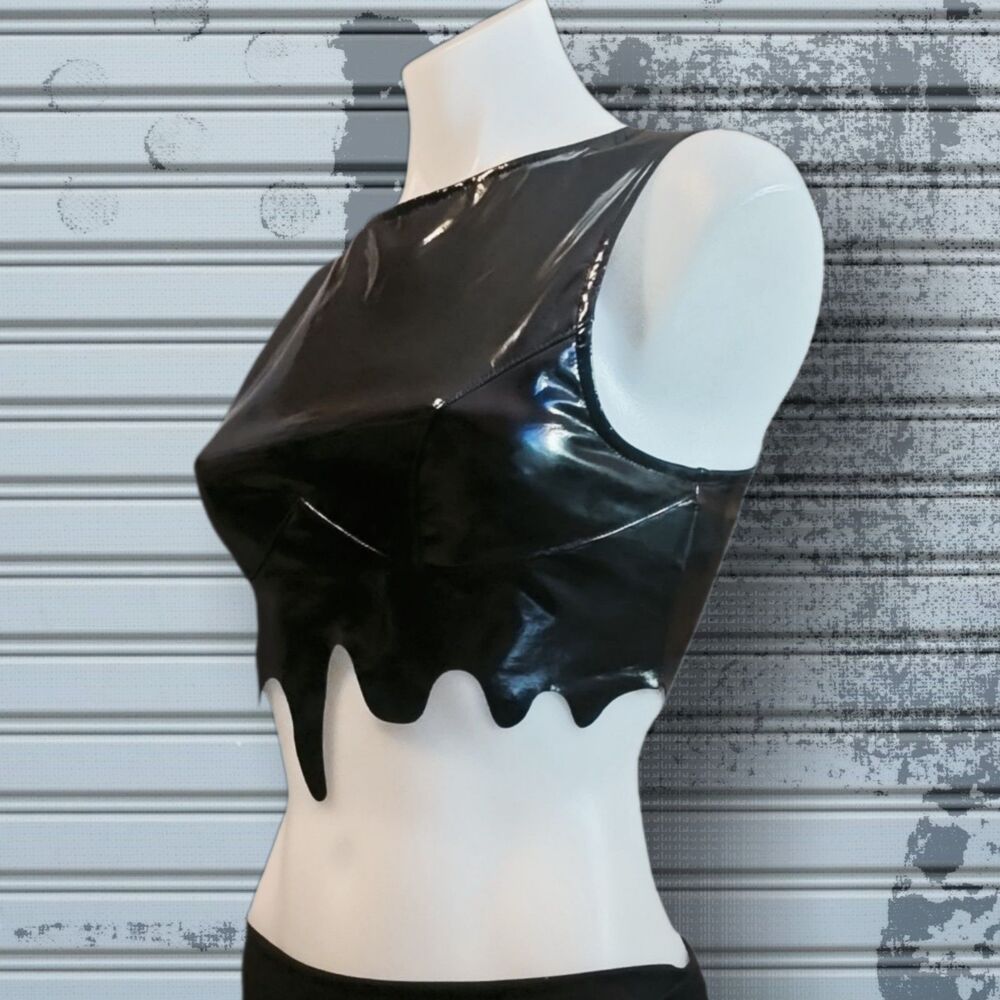 Black Vinyl Melt Drip Crop Top High Shine Cyber Goth Clubwear XS S